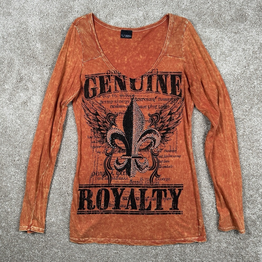 Y2K Daytrip Buckle Orange Studded Fleur De Lis Angel Wings Graphic Tee Medium